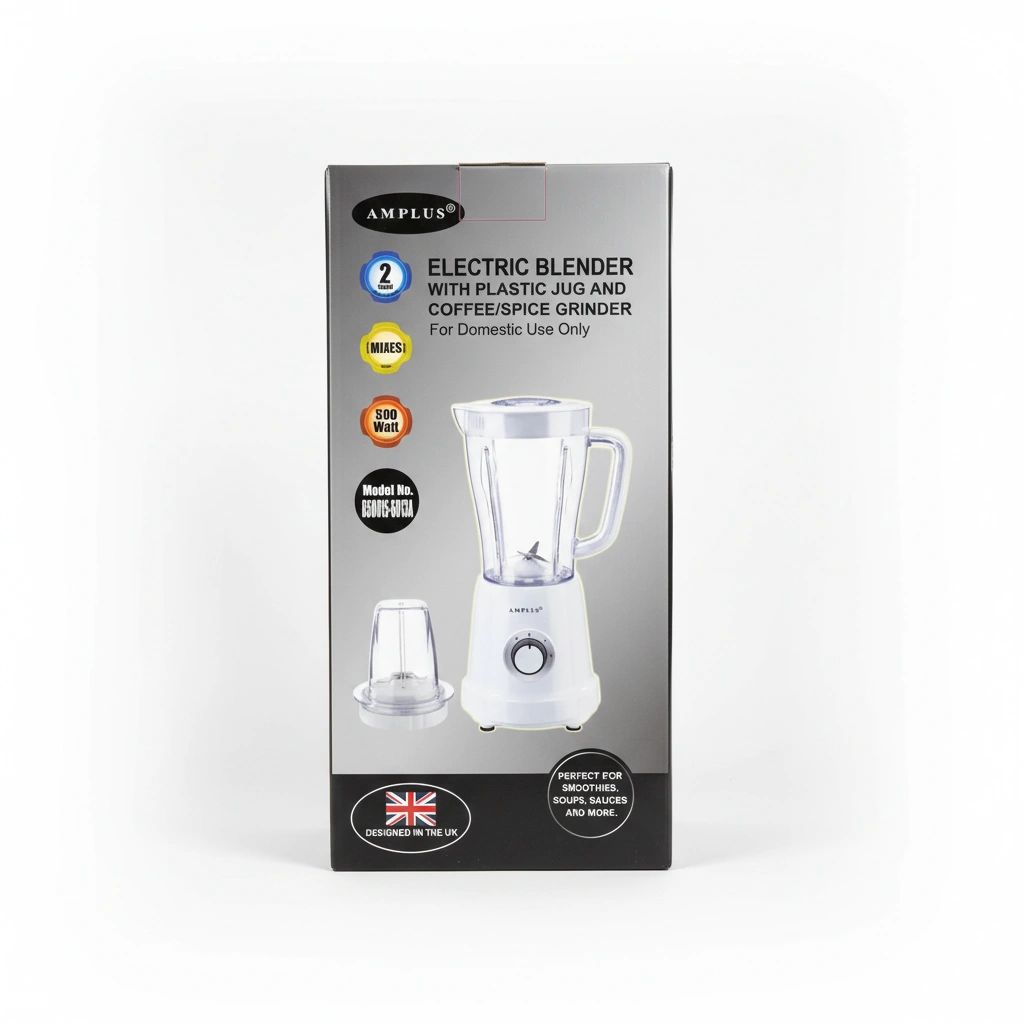 Amplus electric blender with mill; white base and clear pitcher on boxed packaging