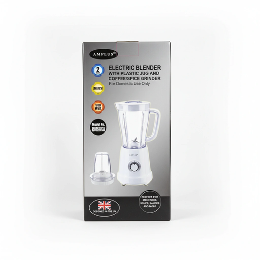 Amplus electric blender with mill; white base and clear pitcher on boxed packaging