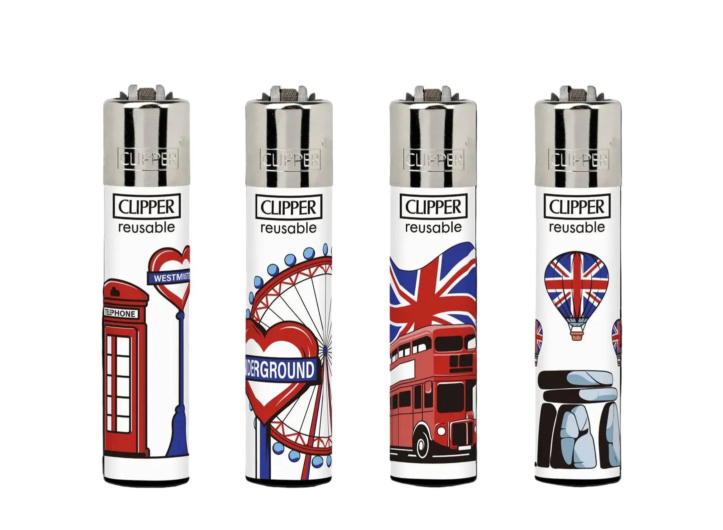 Clipper lighters 4-pack with assorted London designs (red phone booth, London Eye, red double-decker bus, Union Jack balloon)