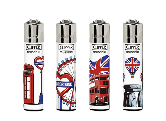 Clipper lighters 4-pack with assorted London designs (red phone booth, London Eye, red double-decker bus, Union Jack balloon)