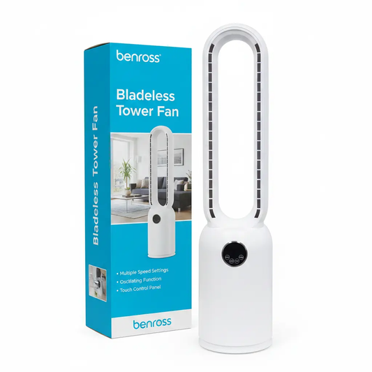 Bladeless tower fan and box by Benross, white, with remote control