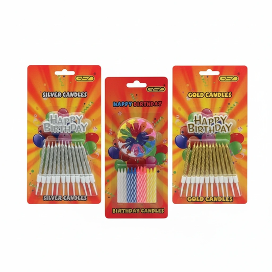 Birthday Candles + Holders three-pack: silver, multicolor swirl, and gold candles by GSD