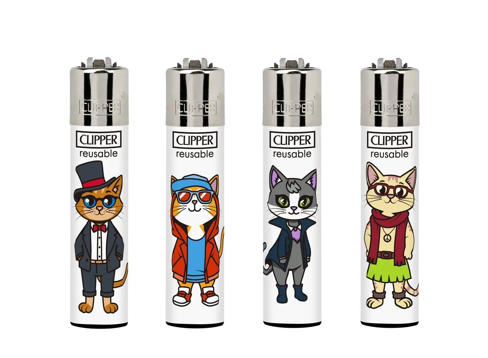 Clipper lighters, four feline-fashion designs with colorful outfits and metallic caps