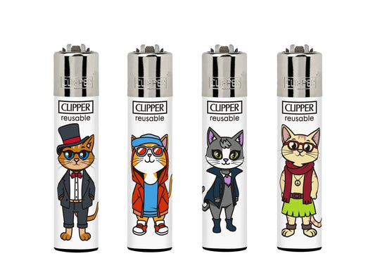 Clipper lighters, four feline-fashion designs with colorful outfits and metallic caps