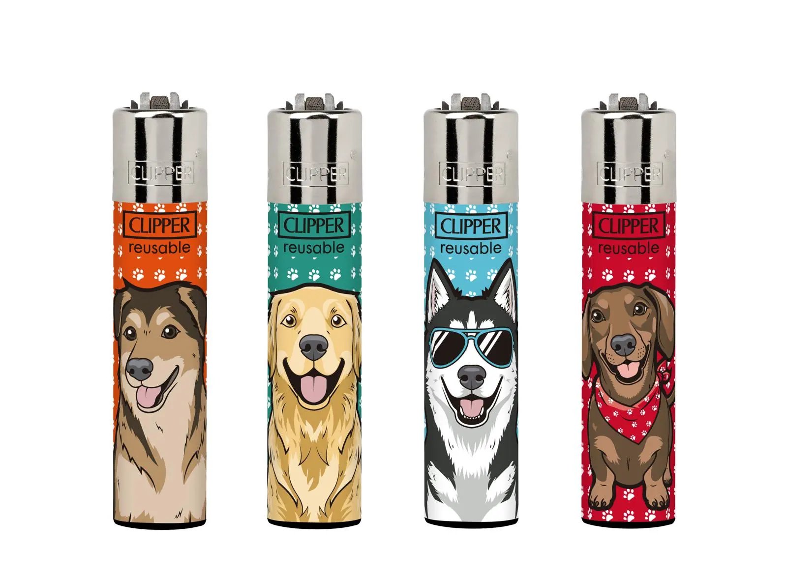 Clipper lighters, 4-pack of reusable City Lighter designs featuring Happy Dogs in orange, teal, blue and red
