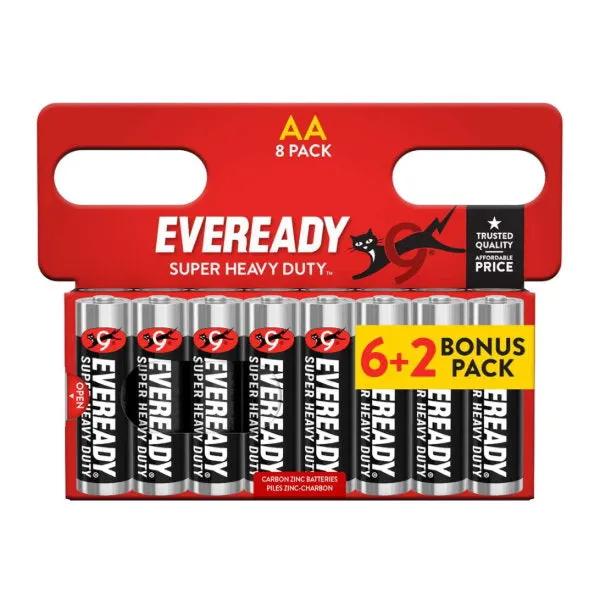 Eveready AA batteries, Super Heavy Duty, 8-pack (6+2 bonus) in red packaging.