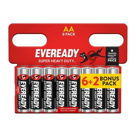 Eveready AA batteries, Super Heavy Duty, 8-pack (6+2 bonus) in red packaging.