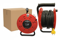 Power Plus Cable Reel Lead 4-Socket Heavy-Duty Extension, red metal reel with black cord and yellow plug