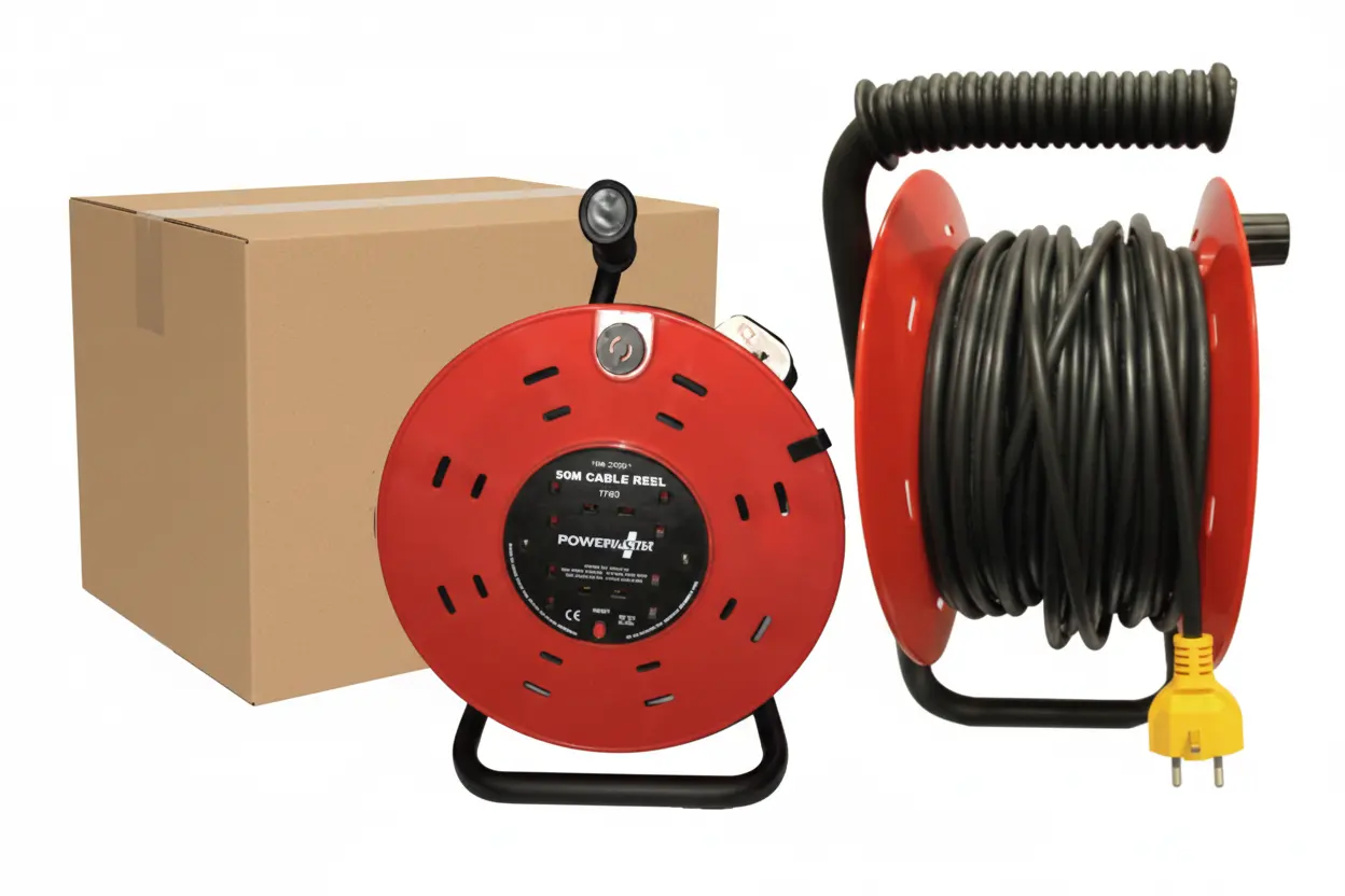 Power Plus Cable Reel Lead 4-Socket Heavy-Duty Extension, red metal reel with black cord and yellow plug
