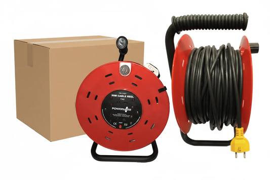 Power Plus Cable Reel Lead 4-Socket Heavy-Duty Extension, red metal reel with black cord and yellow plug