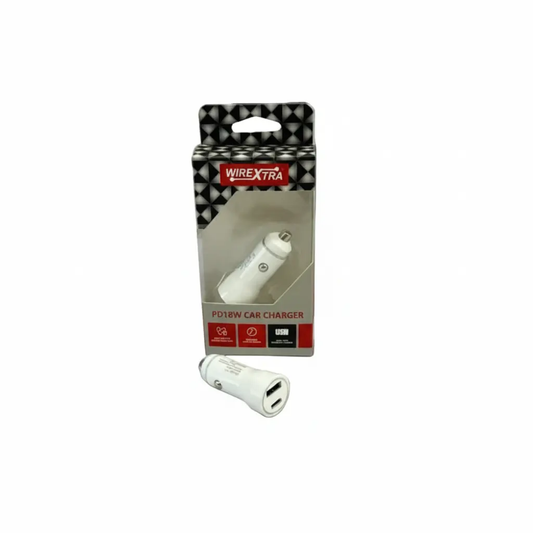 Wirextra car charger USB-C & USB-A 18W, white; packaged unit and loose charger shown
