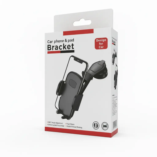 Car phone holder bracket, black, shown in white packaging with red accents