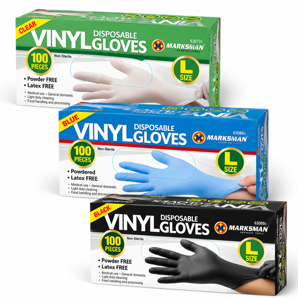 Three boxes of Marksman disposable vinyl gloves shown in green, blue, and black packaging, with glove illustrations and product details on a white background.