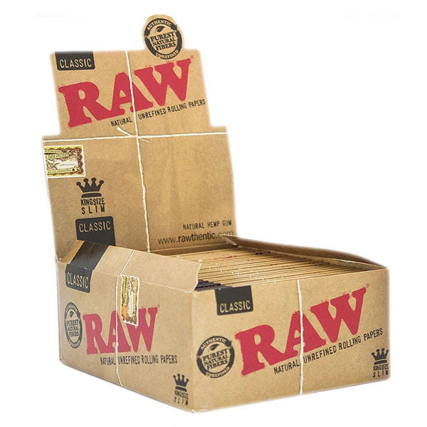 RAW Classic King Size Slim unbleached rolling papers, 50-pack, in a display carton with red RAW logo