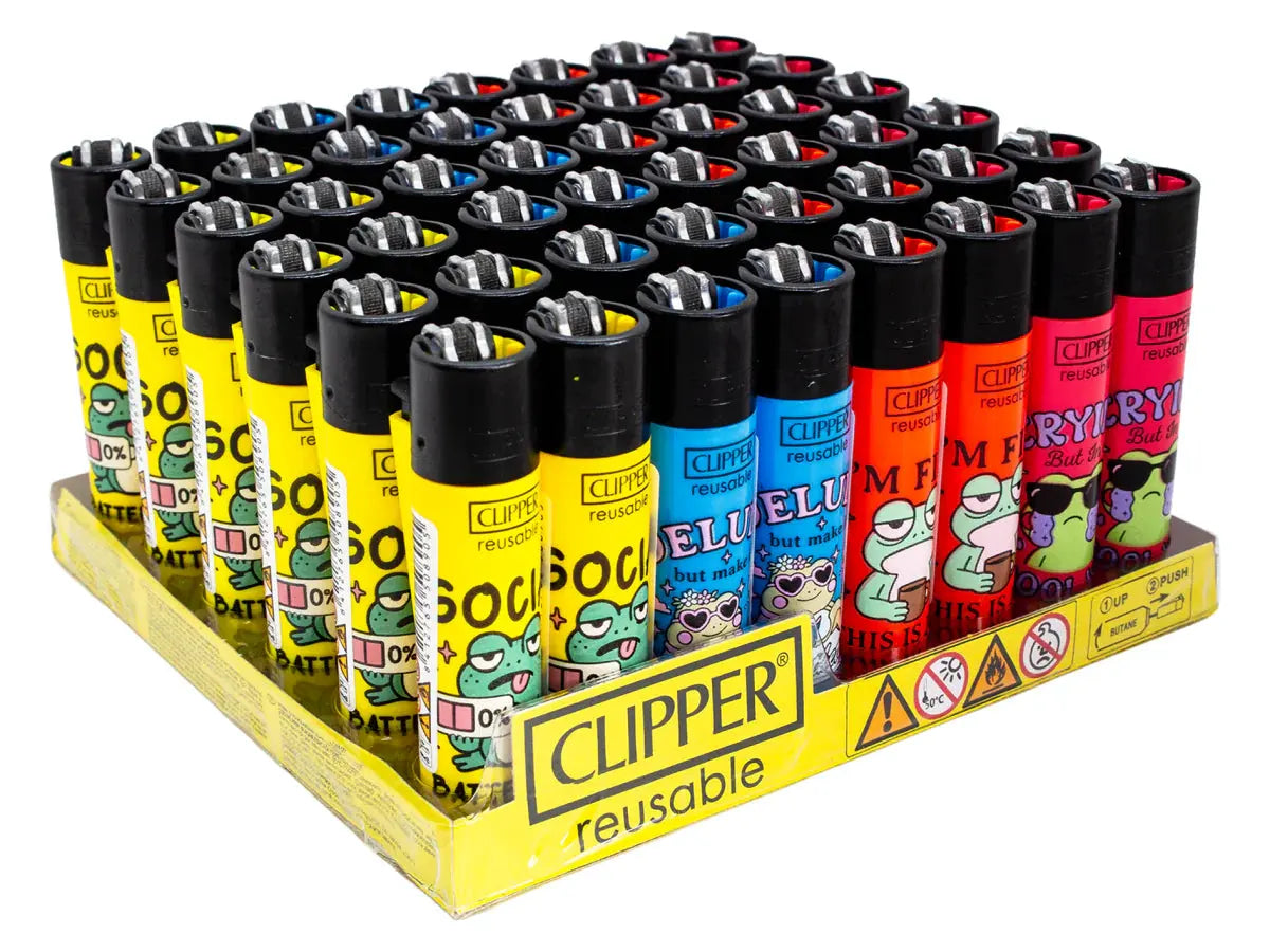 Clipper lighters 48-pack featuring Flint Funny Frogs print on colorful bodies