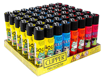 Clipper lighters 48-pack featuring Flint Funny Frogs print on colorful bodies