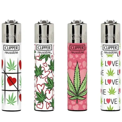 Clipper lighters, four assorted weed-themed designs in white and pink with cannabis leaves.