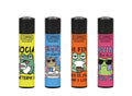 Clipper Flint lighters, reusable, 4-pack with frog-themed designs in yellow, blue, orange, and pink
