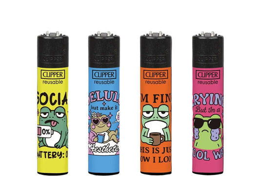 Clipper Flint lighters, reusable, 4-pack with frog-themed designs in yellow, blue, orange, and pink