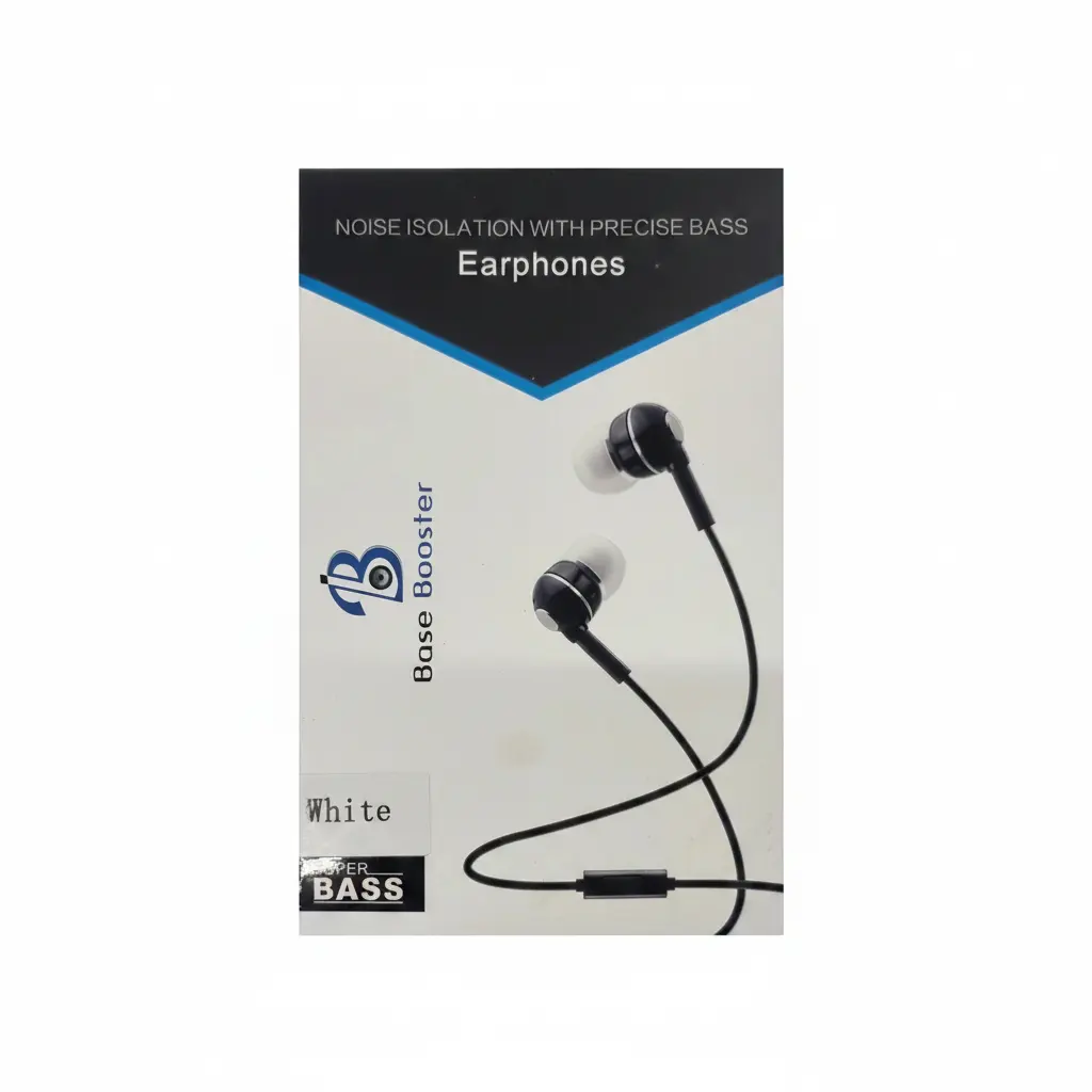 Earphones with microphone by Base Booster; black in-ear headphones with white silicone tips on white packaging.