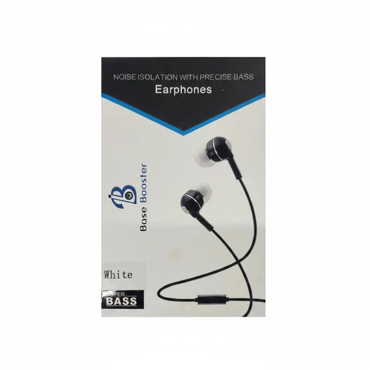 Earphones with microphone by Base Booster; black in-ear headphones with white silicone tips on white packaging.
