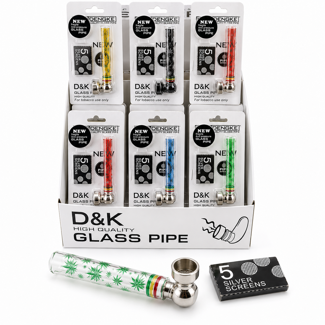 A retail display box containing twenty four packaged D&K glass pipes with metal cup ends in different colors, with one assembled clear glass pipe with green leaf pattern and a silver bowl in front, plus a small black box labeled 5 silver screens, on a white background. Uk wholesale supplier| 121 WHoleale