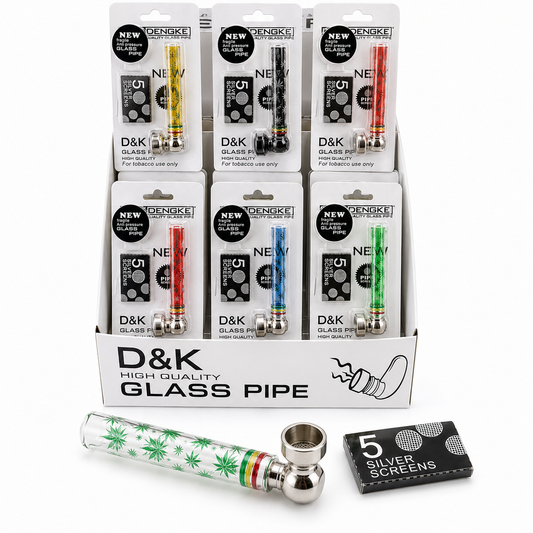 A retail display box containing twenty four packaged D&K glass pipes with metal cup ends in different colors, with one assembled clear glass pipe with green leaf pattern and a silver bowl in front, plus a small black box labeled 5 silver screens, on a white background. Uk wholesale supplier| 121 WHoleale