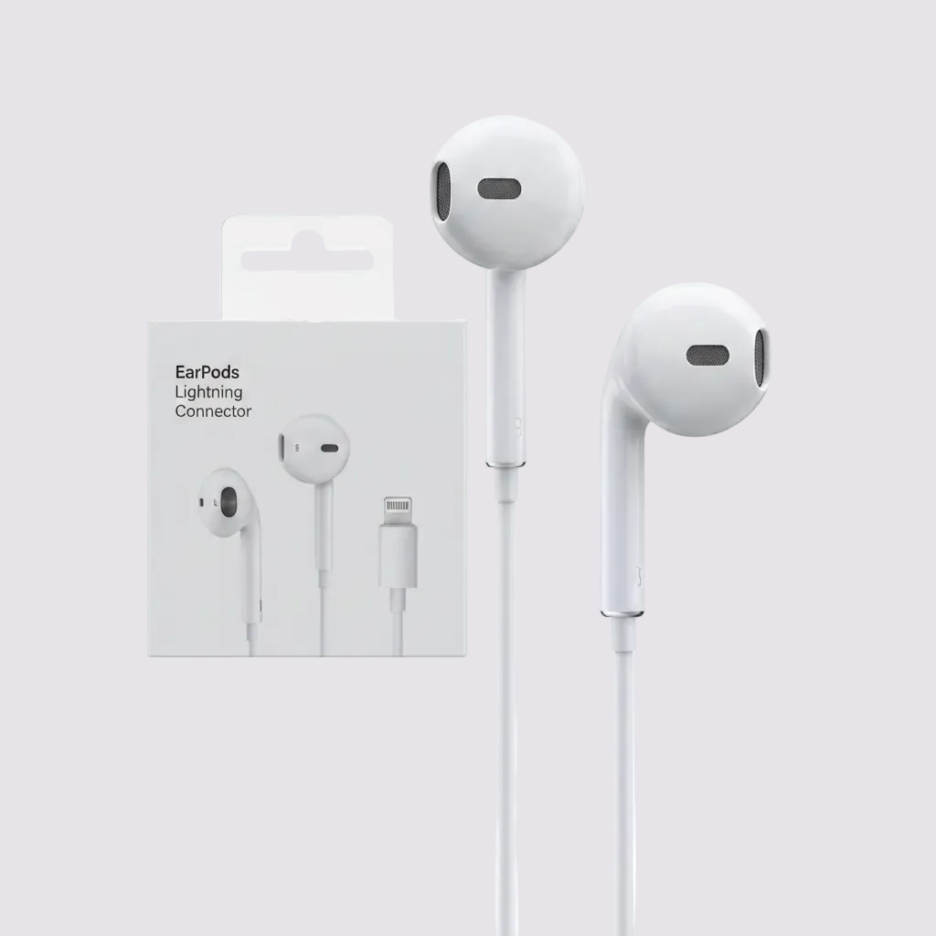 Earphones with Lightning connector, white in-ear headphones, two shown