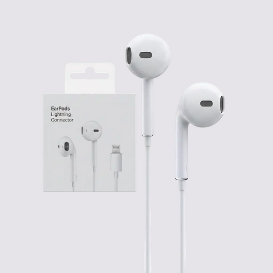 Earphones with Lightning connector, white in-ear headphones, two shown