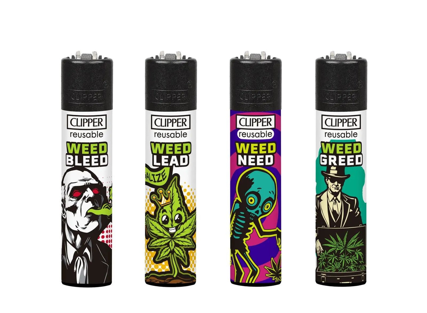 Clipper lighters 4-pack with assorted weed rhyme designs; white bodies with colorful artwork.