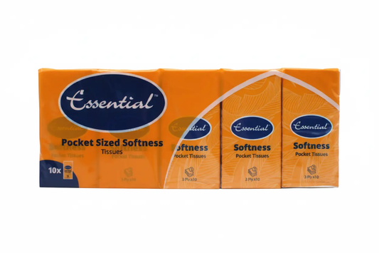 Essential pocket tissue 3-ply, four-pack bundle in orange packaging