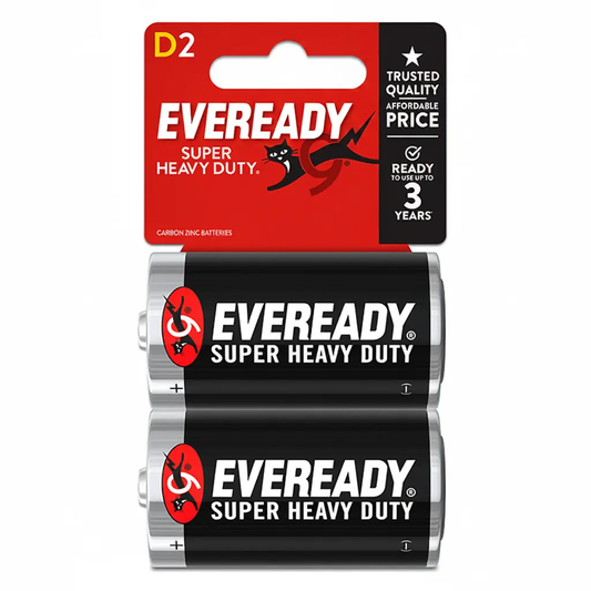 Eveready D cell batteries, 2-pack, Super Heavy Duty