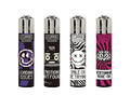 Clipper lighters 4-pack Flint assorted designs with purple, black, zebra and pink brain patterns.
