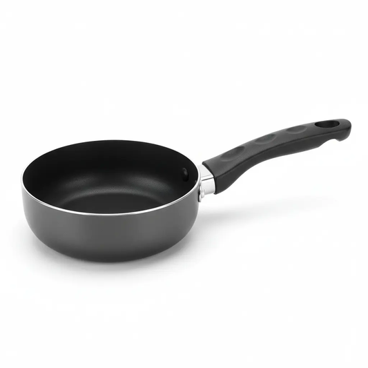 Forged non-stick milk pan, 16 cm, gray exterior with black ergonomic handle, multi-hob compatible.