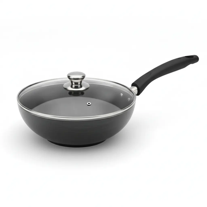 Forged non-stick wok with glass lid and black handle