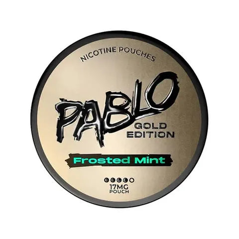 Pablo Gold Edition nicotine pouches tin with Frosted Mint flavor, 17 mg per pouch.