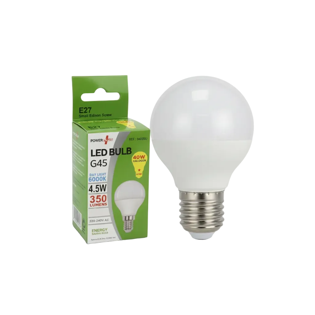 PowerPlus G45 LED bulb with E27 base, 4.5W, daylight 6000K, shown beside its green PowerPlus box