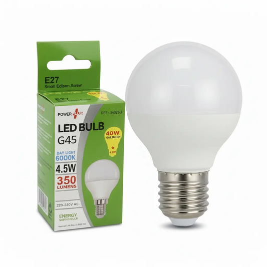 PowerPlus G45 LED bulb with E27 base, 4.5W, daylight 6000K, shown beside its green PowerPlus box