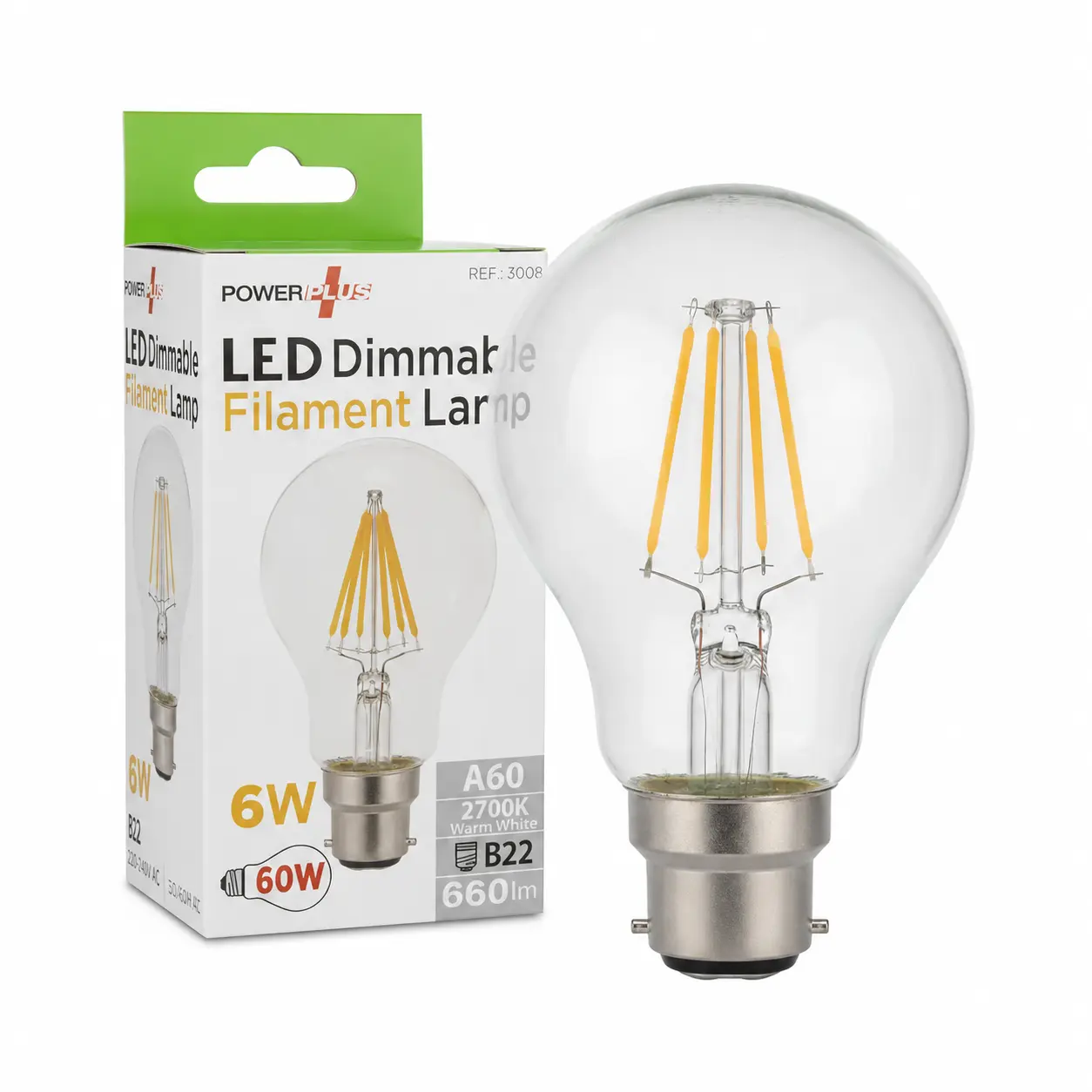 PowerPlus GLS BC B22 LED Filament Bulb, 6W warm white; two items shown: bulb and packaging