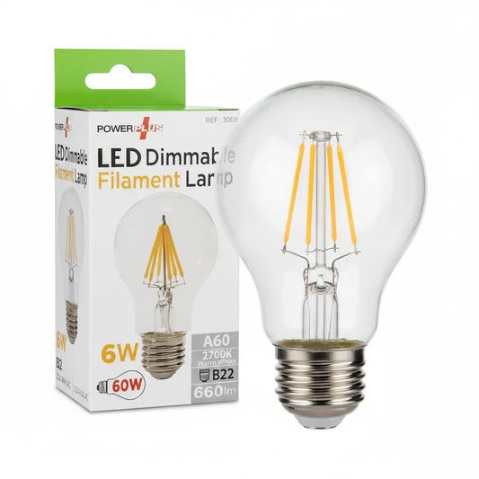 PowerPlus GLS BC B22 LED Filament Bulb 6W warm white, clear glass bulb with packaging