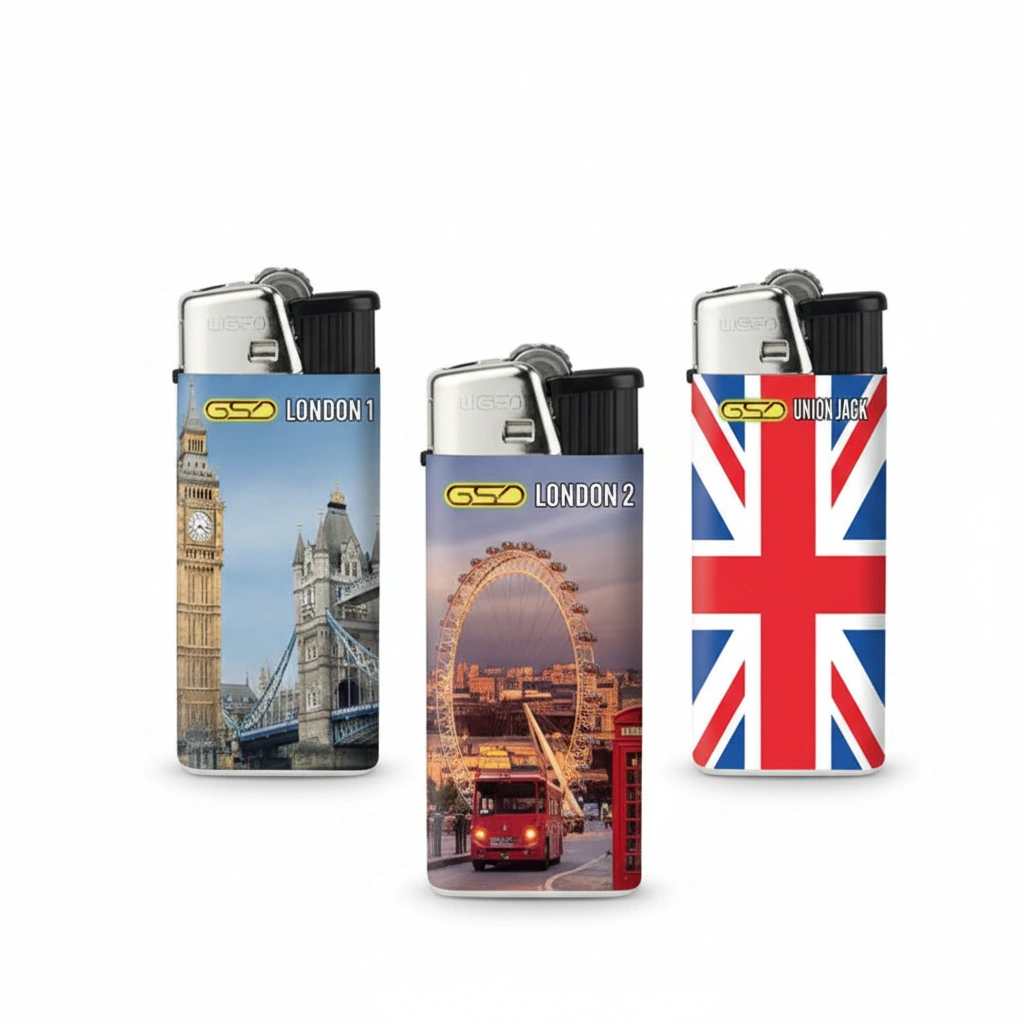 GSD Lighters, tourist-print electronic refillable, 3-pack with Big Ben, London Eye and Union Jack designs