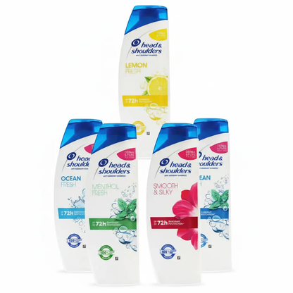 Head & Shoulders anti-dandruff shampoo six-pack 450ml bottles in lemon, ocean, menthol, and smooth & silky varieties.