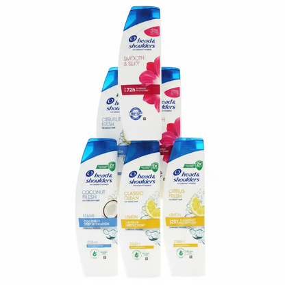 Head & Shoulders shampoo six-pack bottles with blue caps, assorted scents