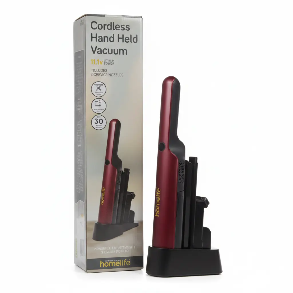 HomeLife cordless handheld vacuum in red with charging dock beside its box