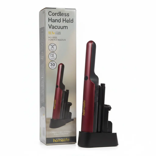 HomeLife cordless handheld vacuum in red with charging dock beside its box