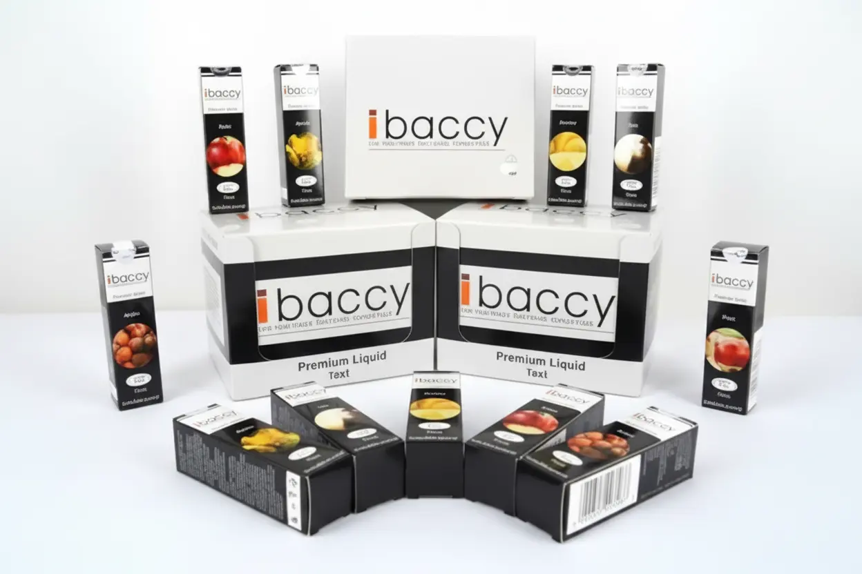 Ibaccy Refill Liquid 10ml 0.0% e-liquid; assorted fruit-flavor boxes on display