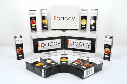 Ibaccy Refill Liquid 10ml 0.0% e-liquid; assorted fruit-flavor boxes on display