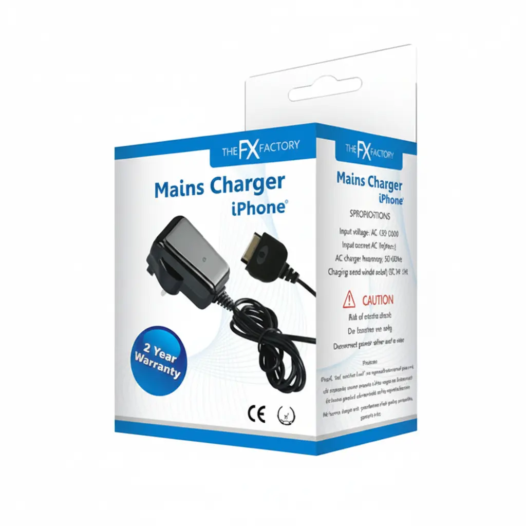 Charger Cable and Mains Adaptor for iPhone 4 – The FX Factory box