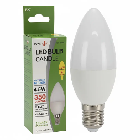 PowerPlus LED candle bulb E27, 4.5W, cool white; bulb and box (2 items)