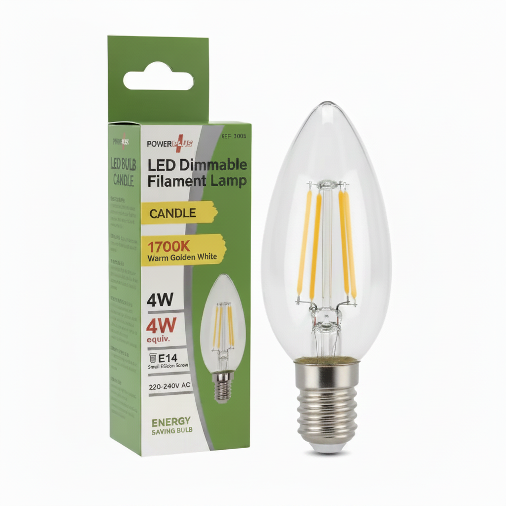 LED Filament Candle E14 bulb by PowerPlus, 4W warm white; packaging shown